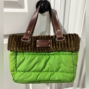 Vintage Kate Spade NY Green Quilted Nylon Bag Brown Corduroy Trim Y2K Purse
